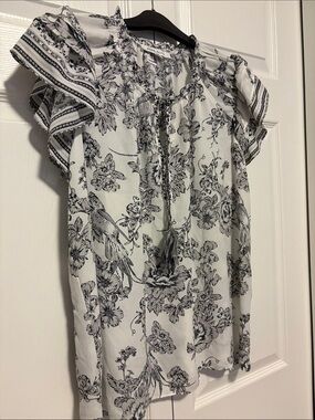 Rose & Olive Black and Off White Floral Tie-Neck Flutter Sleeve Blouse